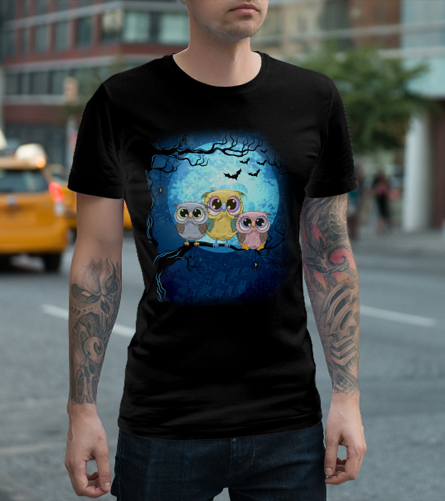 Night Family Owls Under Full Moon with Bats and Spiders T-Shirt