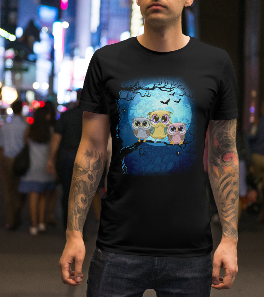 Night Family Owls Under Full Moon With Bats And Spiders T-Shirt