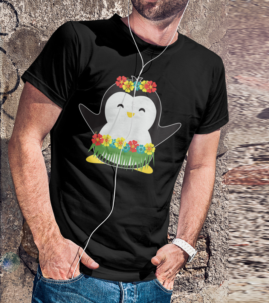 Penguin With Hula Skirt And Hawaiian Flowers Luau Party T-Shirt