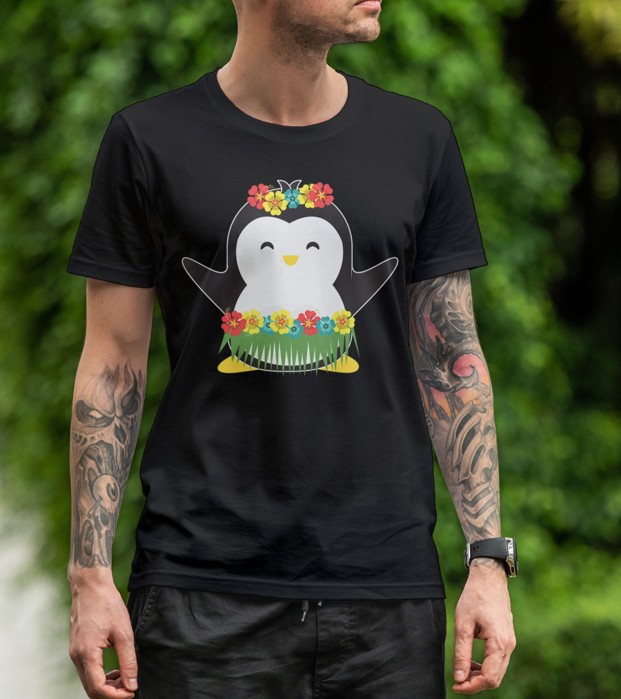 Penguin With Hula Skirt And Hawaiian Flowers Luau Party T-Shirt