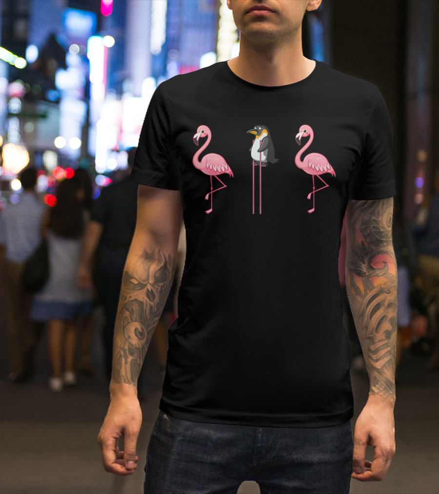 Flamingo Penguin On Stilts Flamingo Lover Scene With Two Pink Flamingos T-Shirt