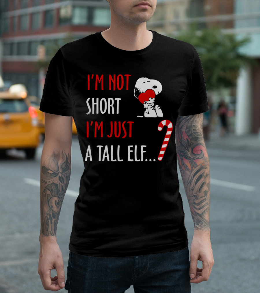 I'm Not Short I'm Just A Tall Elf Snoopy Candy Cane Hugging Heart T-Shirt