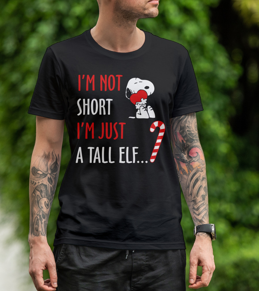 I'm Not Short I'm Just A Tall Elf Snoopy Candy Cane Hugging Heart T-Shirt