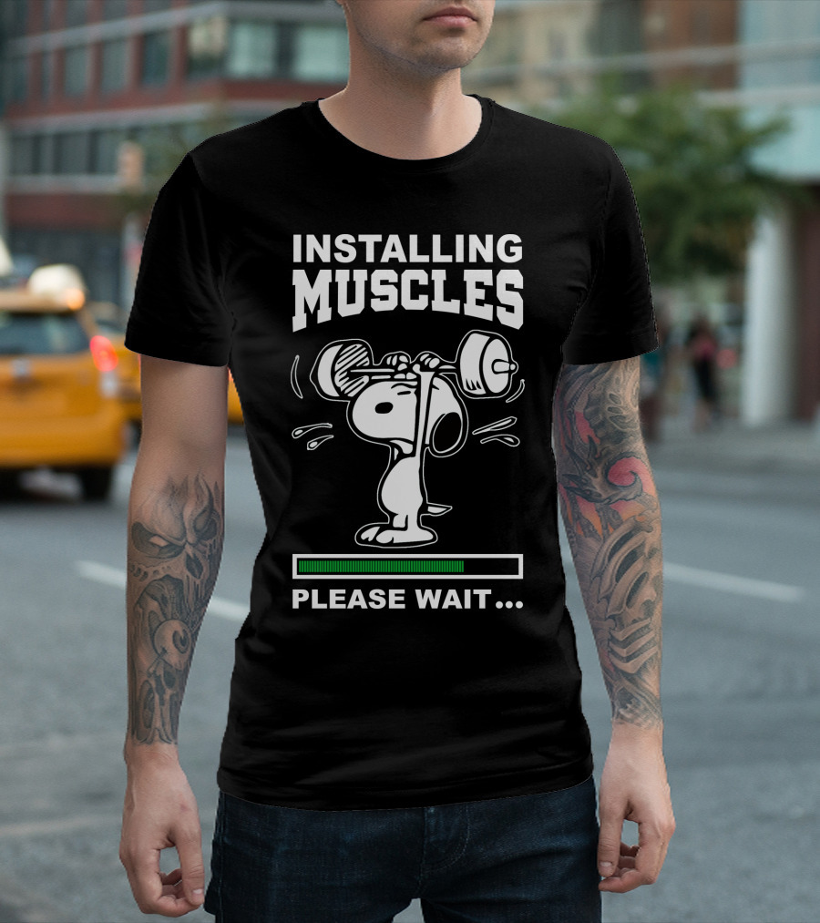 Installing Muscles Please Wait Snoopy Lifting Weights Peanuts T-Shirt
