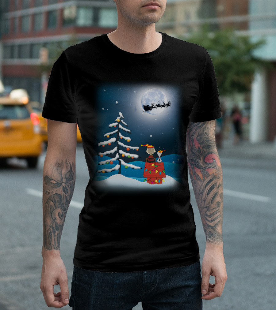 Noel Night Snoopy Peanuts Movie Christmas Scene Santa Sleigh Winter Tree with Lights T-Shirt
