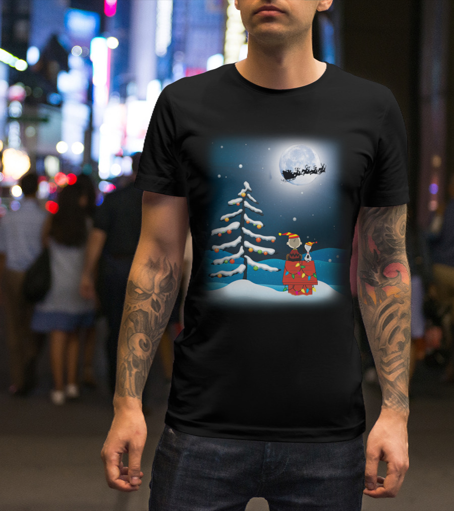 Noel Night Snoopy Peanuts Movie Christmas Scene Santa Sleigh Winter Tree With Lights T-Shirt