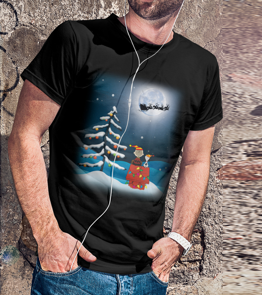 Noel Night Snoopy Peanuts Movie Christmas Scene Santa Sleigh Winter Tree With Lights T-Shirt