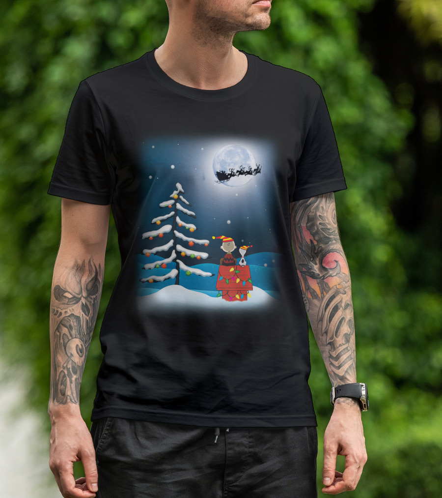 Noel Night Snoopy Peanuts Movie Christmas Scene Santa Sleigh Winter Tree With Lights T-Shirt
