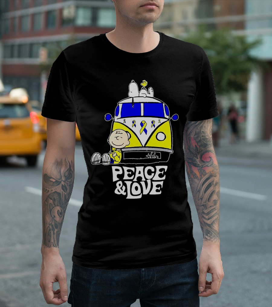 Peace And Love Snoopy Woodstock Yellow Ribbon Van Peanuts Cancer Warrior T-Shirt