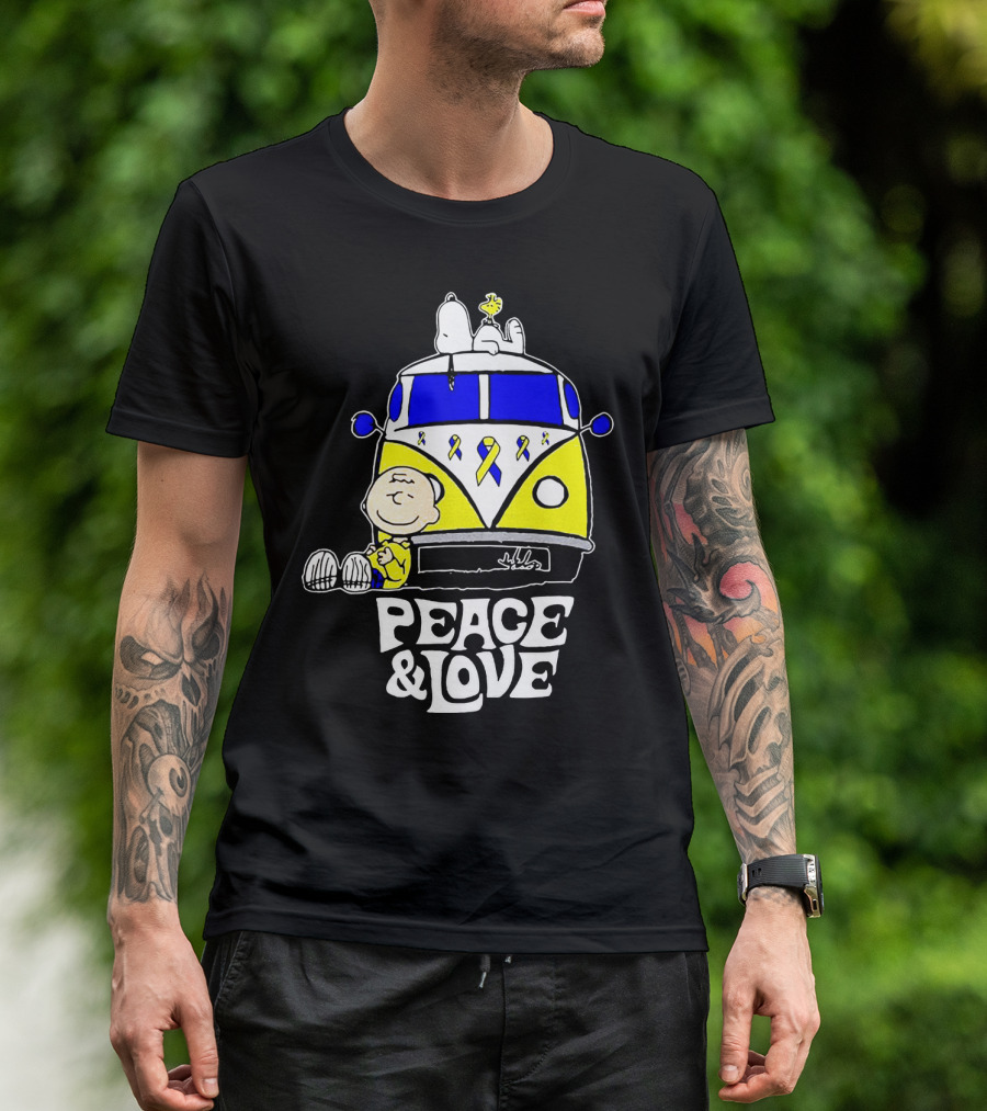 Peace And Love Snoopy Woodstock Yellow Ribbon Van Peanuts Cancer Warrior T-Shirt