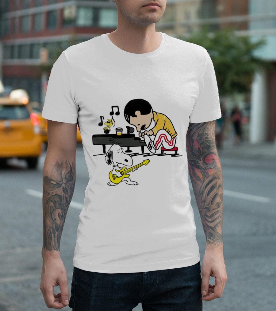 Freddie Mercury Playing Piano With Snoopy Guitar Peanuts Movie Scene T-Shirt