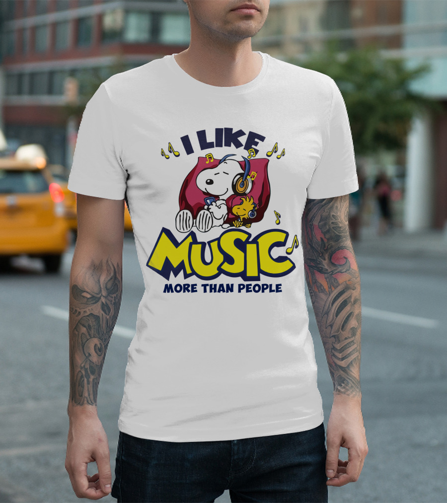I Like Music More Than People Snoopy Listening with Headphones Peanuts Movie T-Shirt