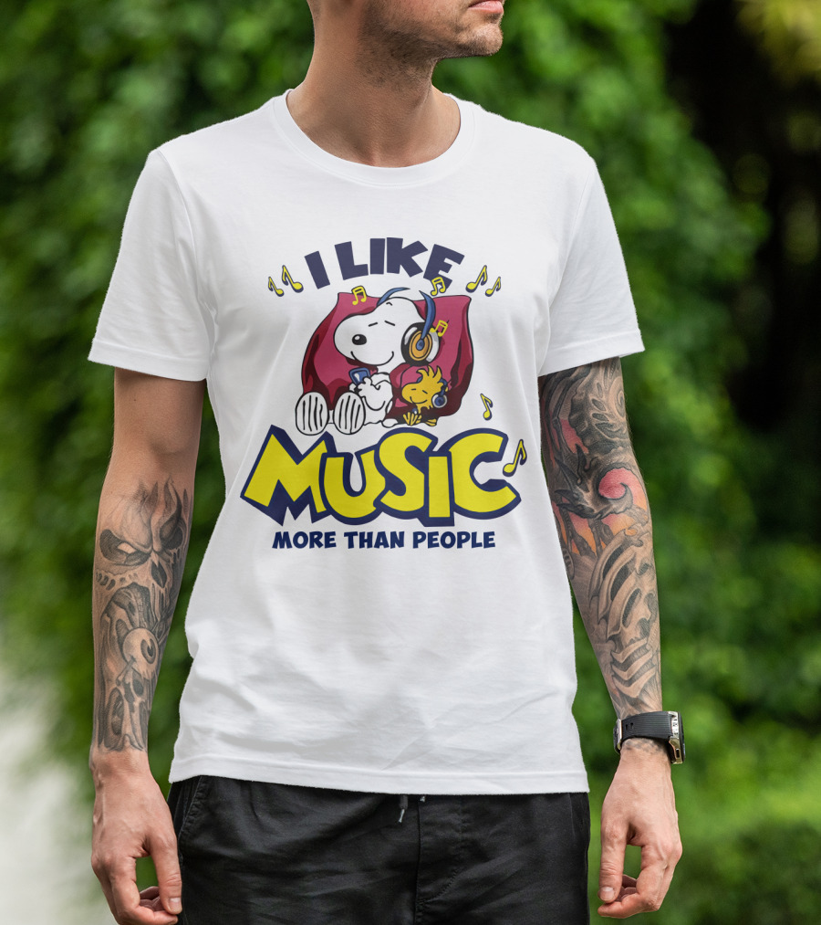 I Like Music More Than People Snoopy Listening With Headphones Peanuts Movie T-Shirt