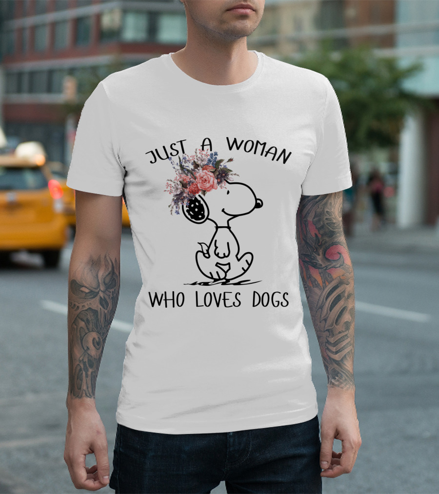 Just A Woman Who Loves Dogs Snoopy Floral Peanuts T-Shirt