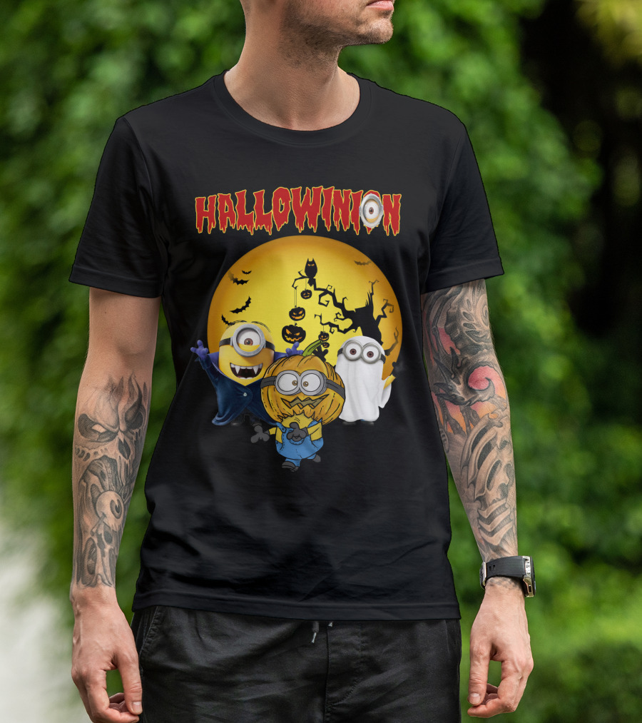 Hallowinion Halloween Minions Despicable Me Moon Bats Pumpkins Ghost Costume T-Shirt