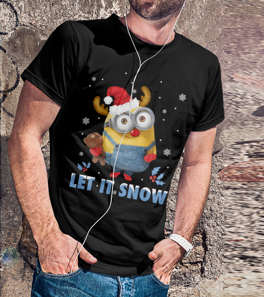 Let It Snow Xmas Minions Despicable Me Santa Hat Reindeer Antlers Toy T-Shirt