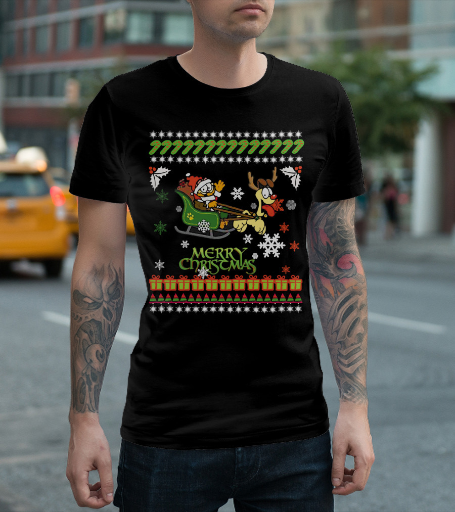 Merry Christmas Garfield Santa Sleigh with Reindeer Odie Snowflakes and Holly T-Shirt