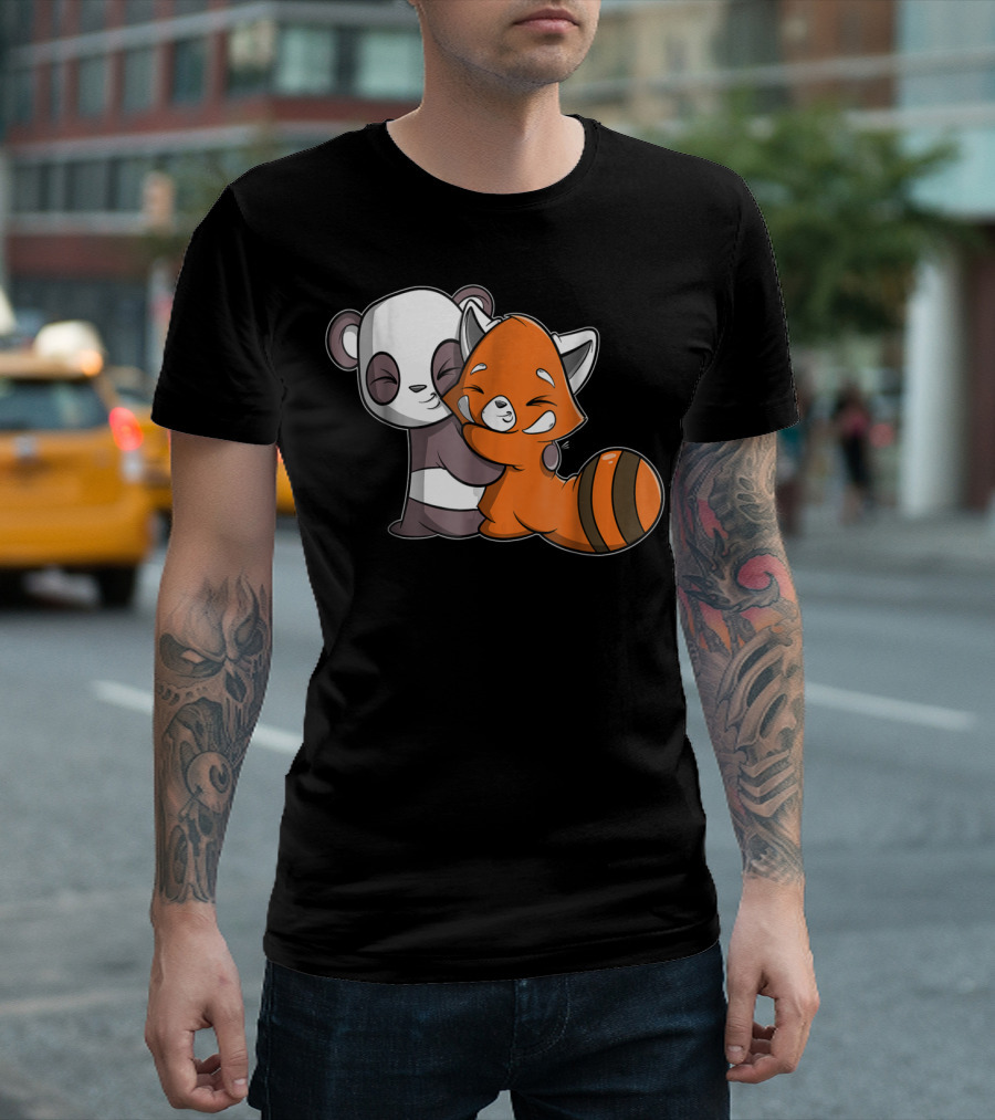 Cute Kawaii Panda Embrace Red Panda Hugging Adorable Friends T-Shirt