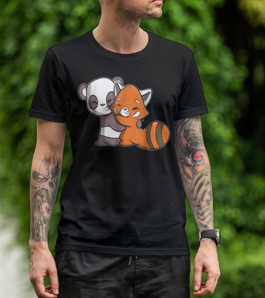 Cute Kawaii Panda Embrace Red Panda Hugging Adorable Friends T-Shirt