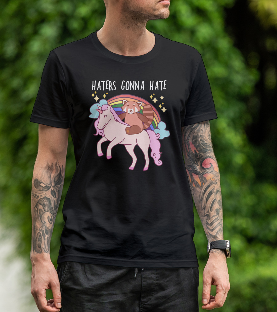 Haters Gonna Hate Red Panda Riding Unicorn With Rainbow And Stars T-Shirt