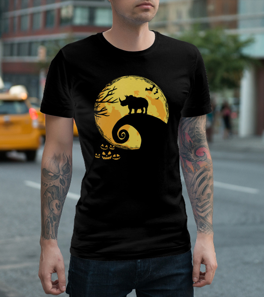 Funny Rhino and Moon Halloween Parody with Jack-O'-Lanterns and Bat T-Shirt