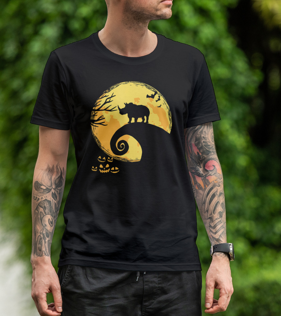 Funny Rhino And Moon Halloween Parody With Jack-O'-Lanterns And Bat T-Shirt