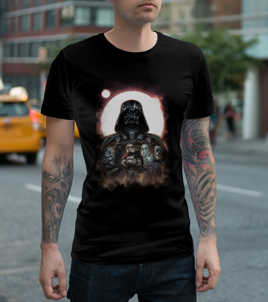 Darth Vader and Stormtroopers Under Galactic Moon Star Wars Dark Side Troops T-Shirt