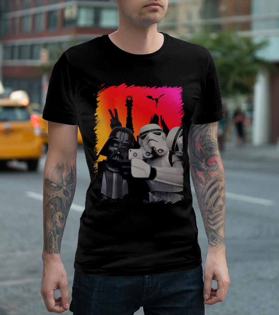 Darth Vader and Stormtroopers Taking Selfie in Mordor with Mount Doom and Sauron's Eye Star Wars Crossover T-Shirt