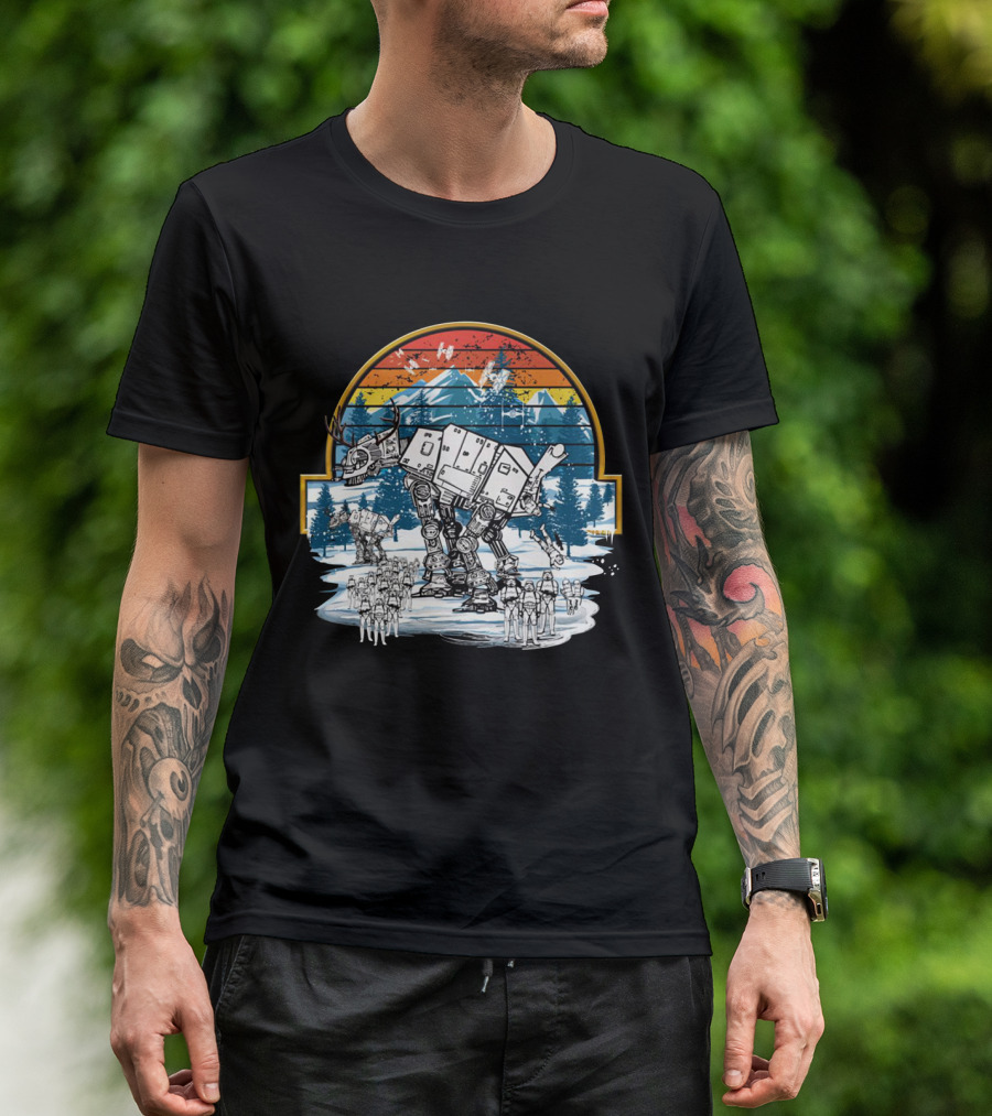 Retro Vintage AT AT Droids Star Wars Hoth Battle Sunset Scene T-Shirt