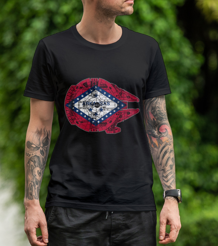 Arkansas Flag Overlaid On Millennium Falcon T-Shirt