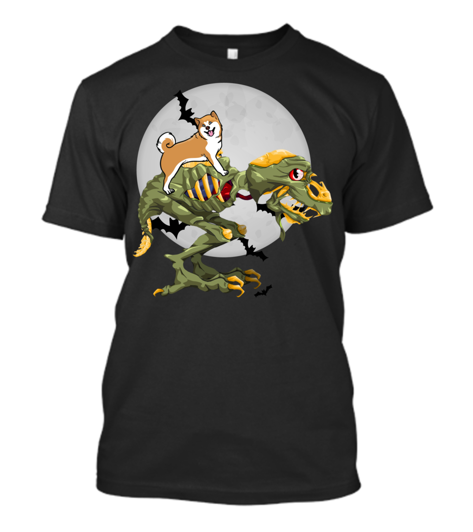 Akita Riding Dinosaur Skeleton Under Full Moon With Bats T-Shirt