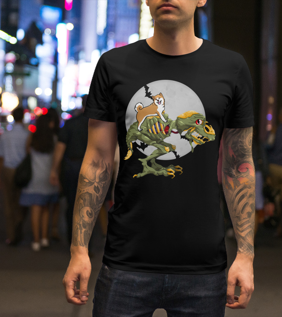 Akita Riding Dinosaur Skeleton Under Full Moon With Bats T-Shirt