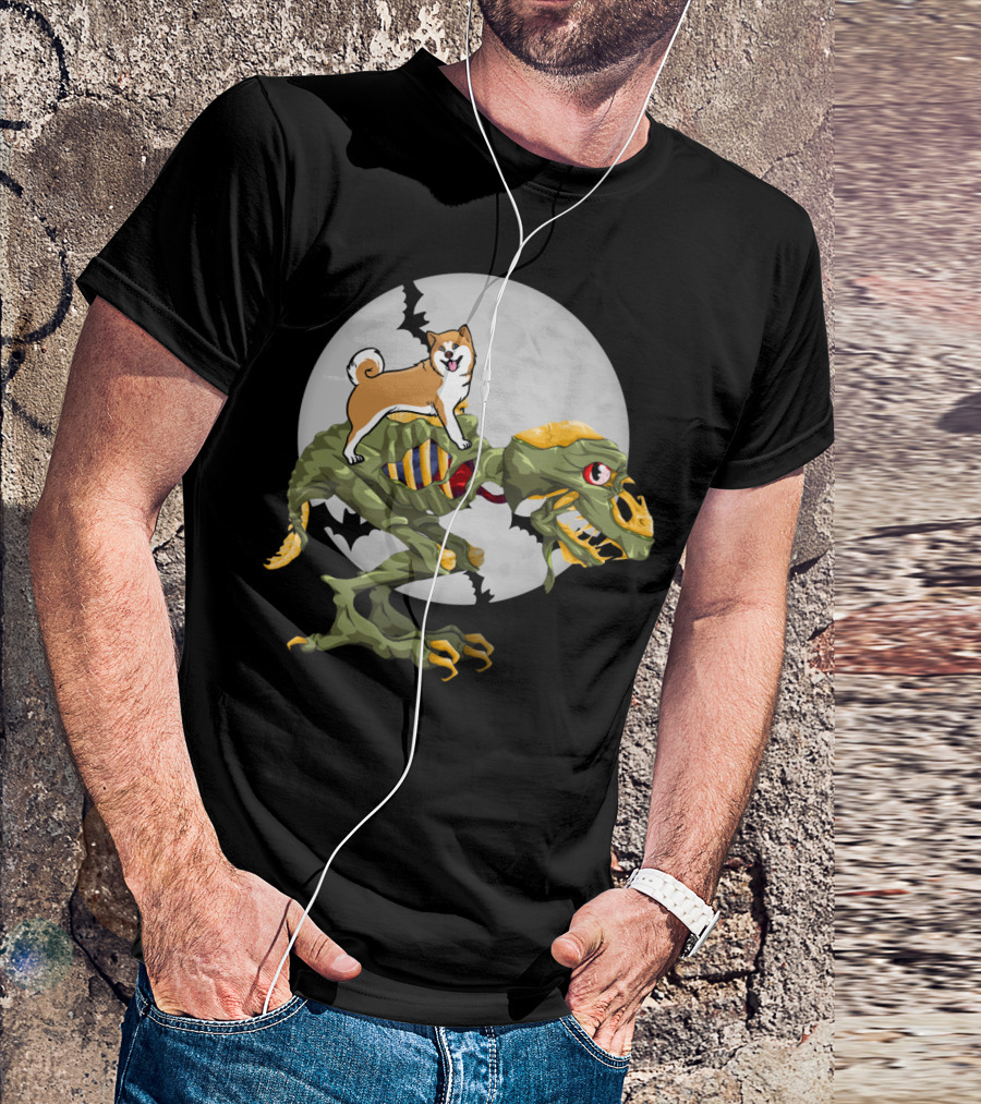 Akita Riding Dinosaur Skeleton Under Full Moon With Bats T-Shirt
