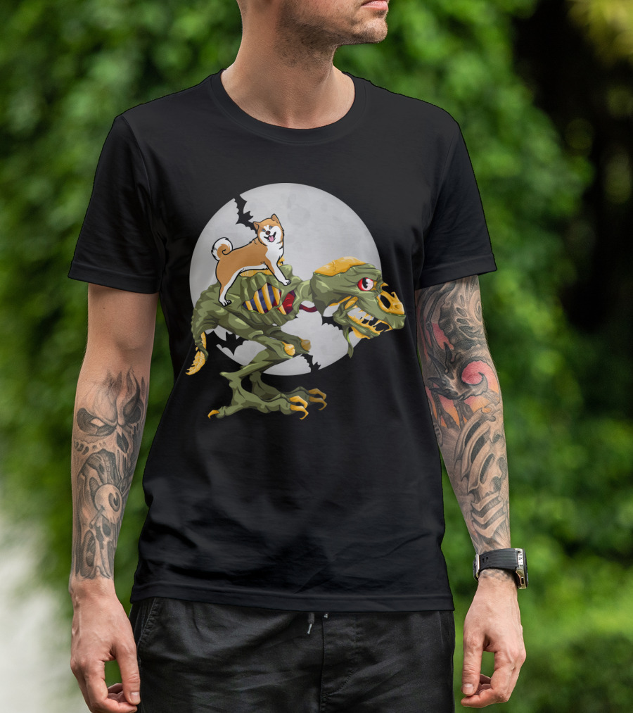 Akita Riding Dinosaur Skeleton Under Full Moon With Bats T-Shirt