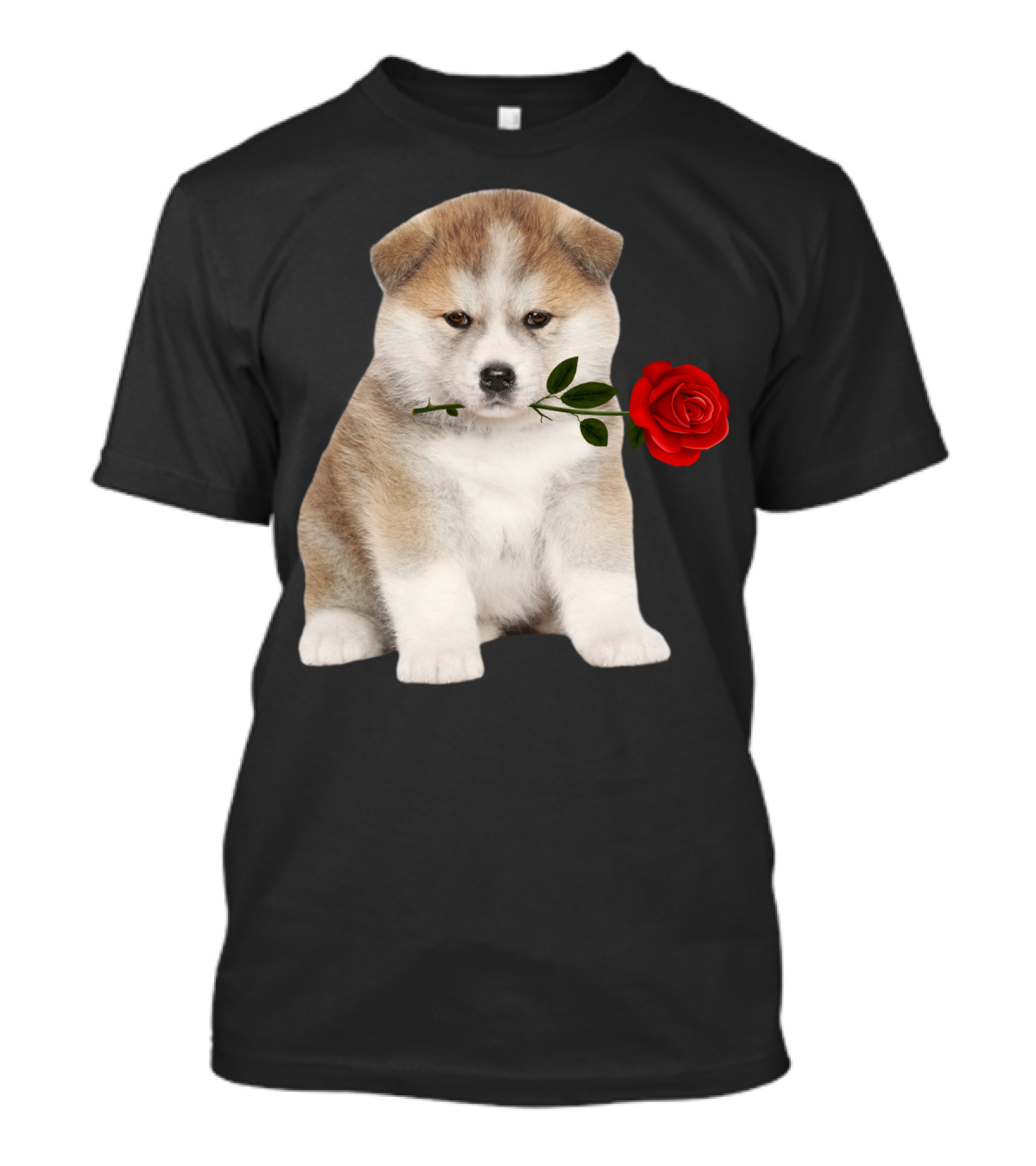 Akita Puppy Holding Red Rose T-Shirt