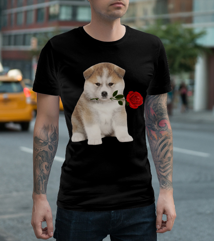 Akita Puppy Holding Red Rose T-Shirt