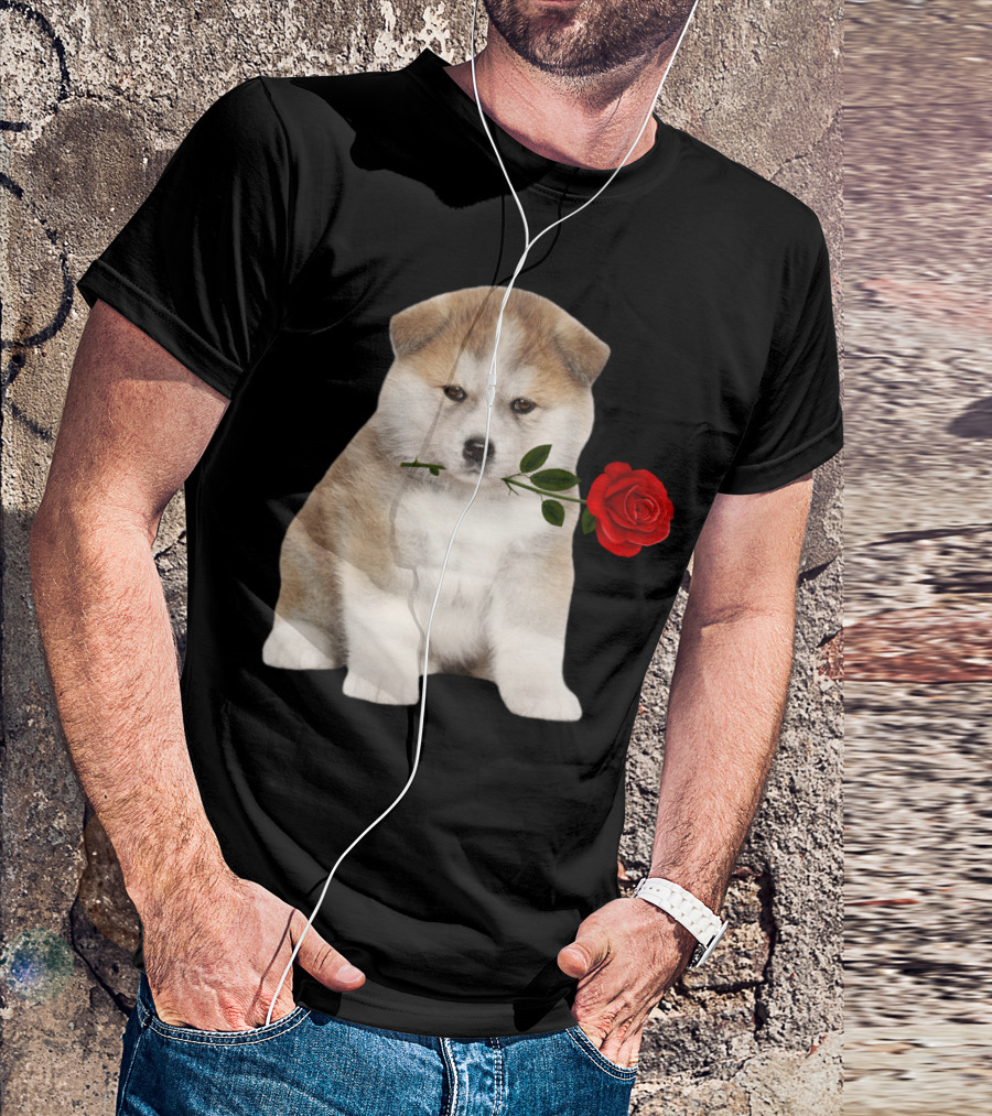 Akita Puppy Holding Red Rose T-Shirt