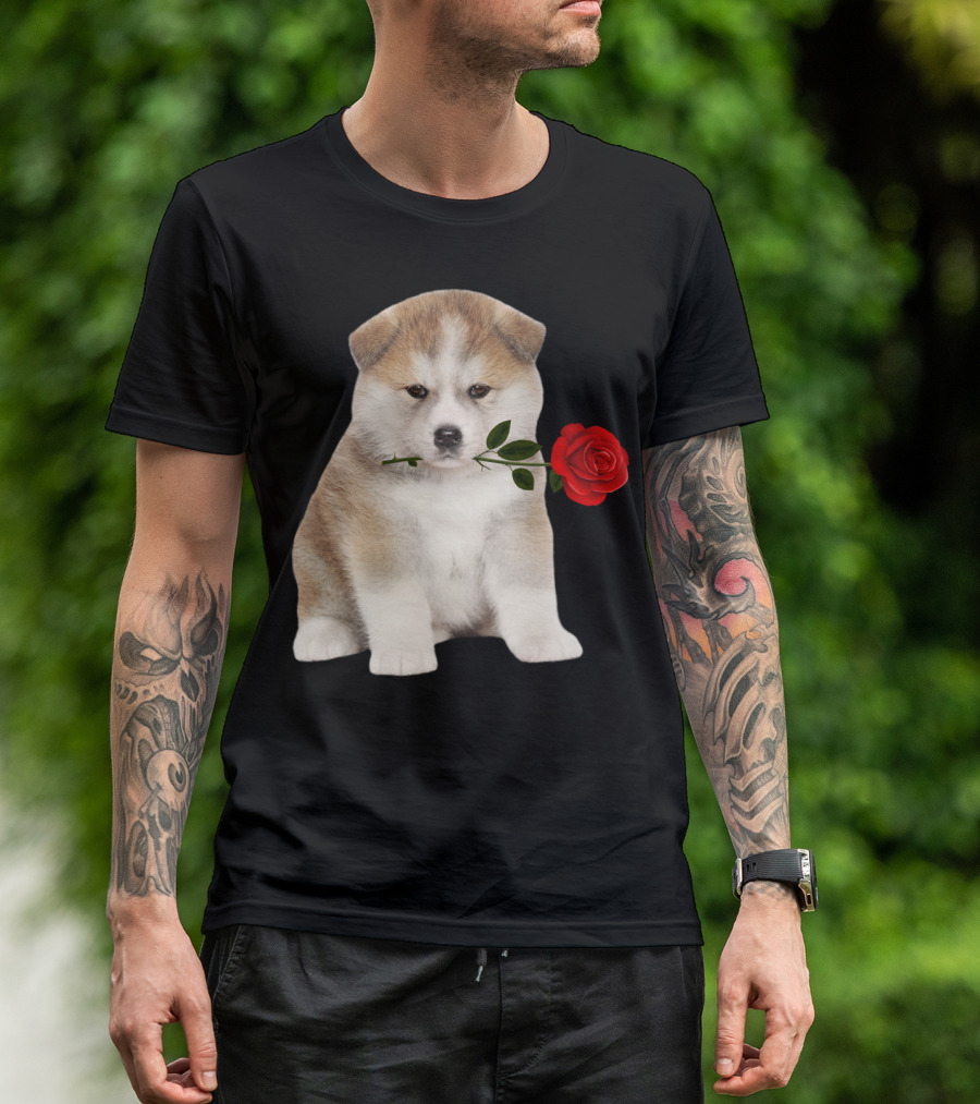 Akita Puppy Holding Red Rose T-Shirt