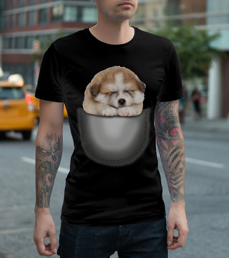 Sleeping Akita Puppy In Pocket T-Shirt