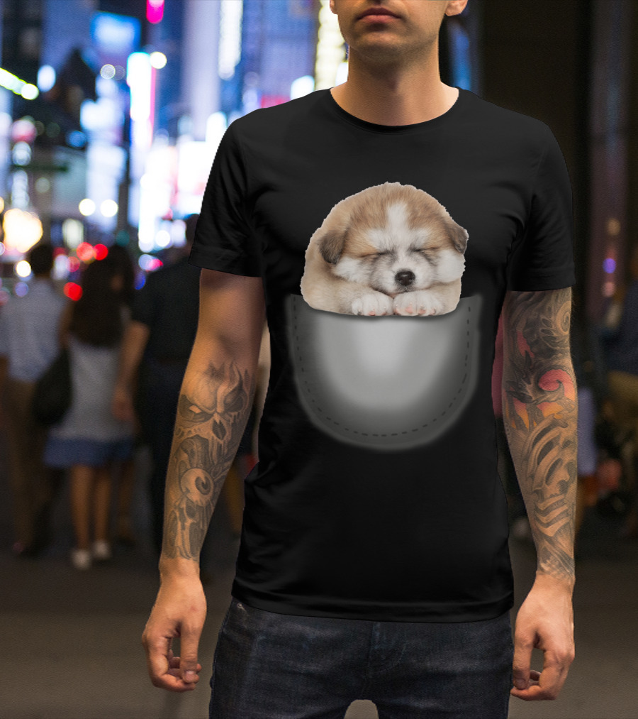Sleeping Akita Puppy In Pocket T-Shirt