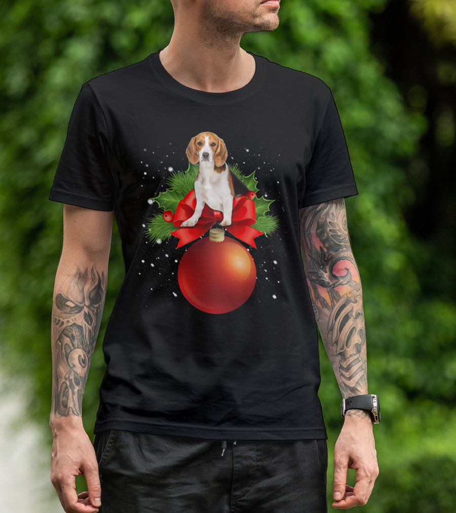 Beagle Red Christmas Ornament With Holly And Snowflakes T-Shirt