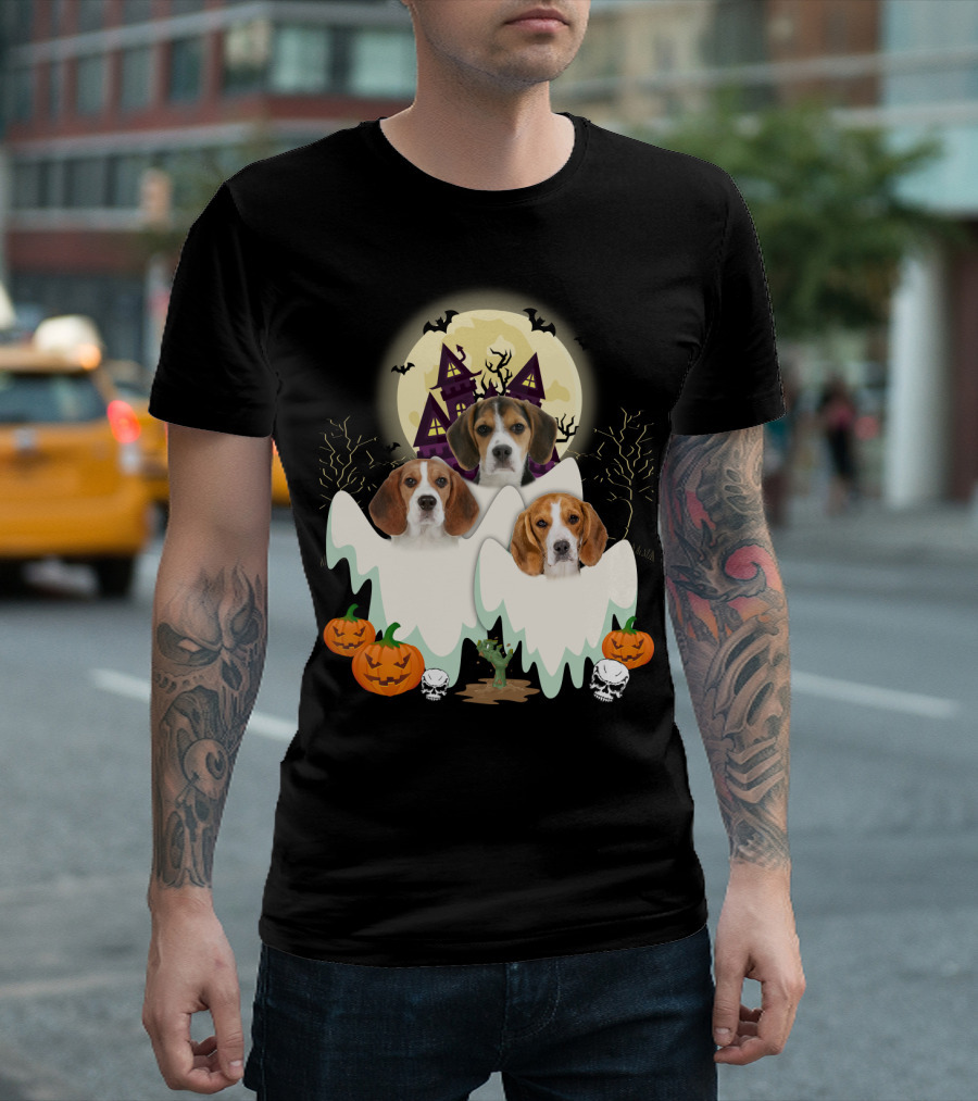Beagle Halloween Ghosts Haunted House Pumpkins Bats Moon T-Shirt