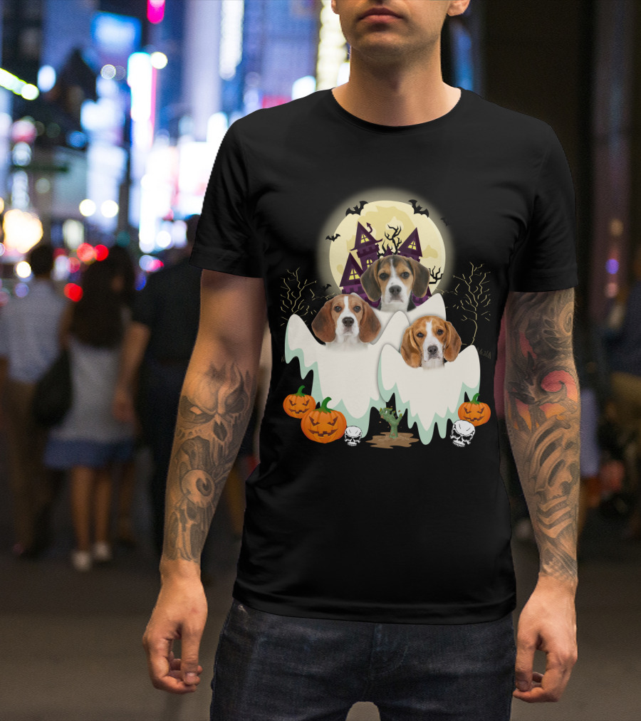 Beagle Halloween Ghosts Haunted House Pumpkins Bats Moon T-Shirt