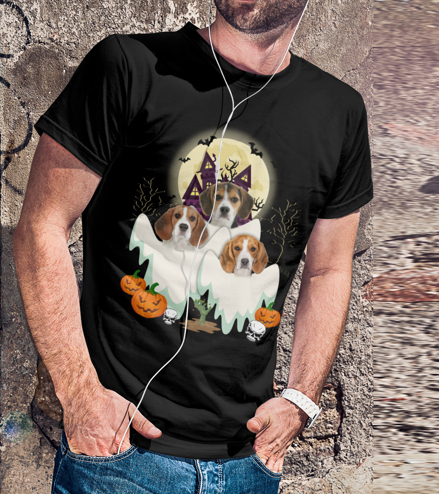 Beagle Halloween Ghosts Haunted House Pumpkins Bats Moon T-Shirt