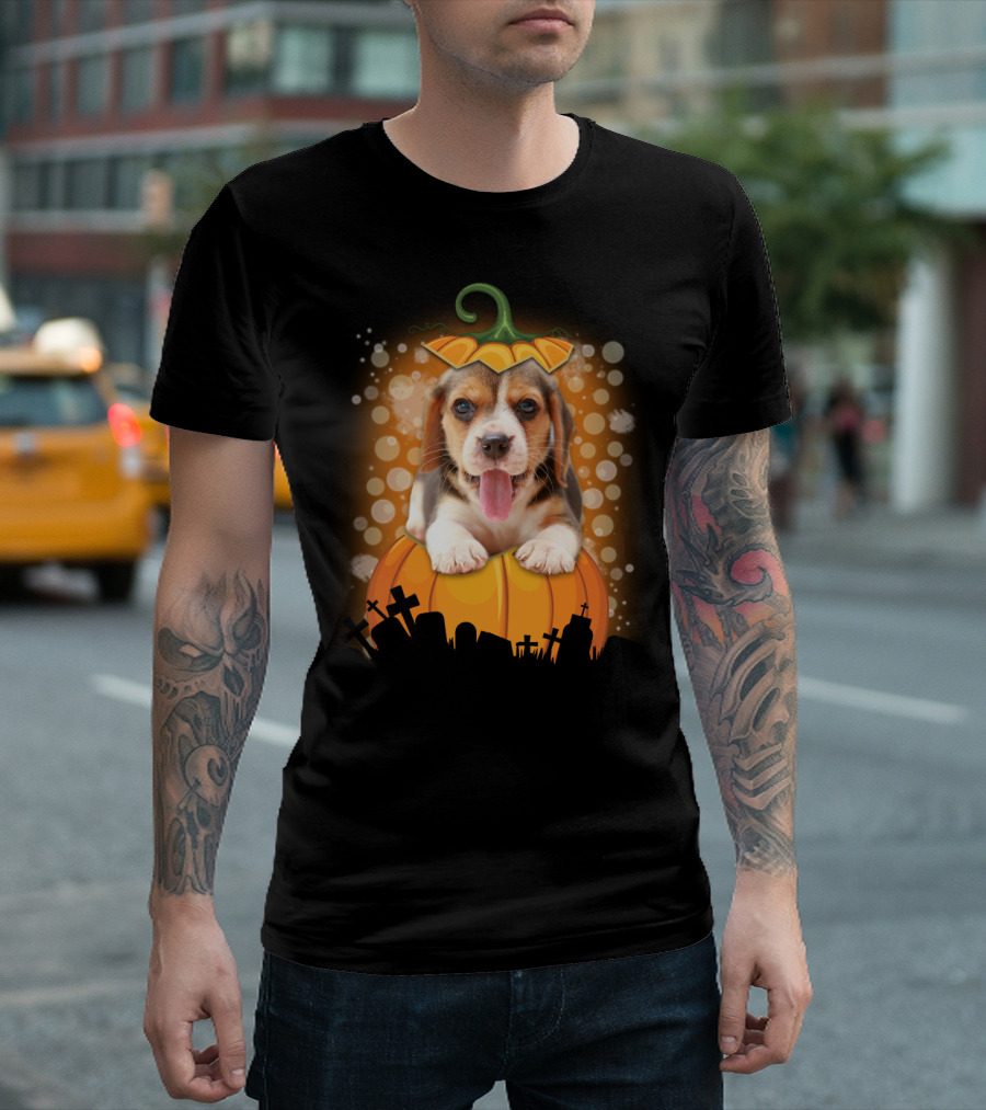 Beagle Puppy on Halloween Pumpkin Graveyard Scene T-Shirt