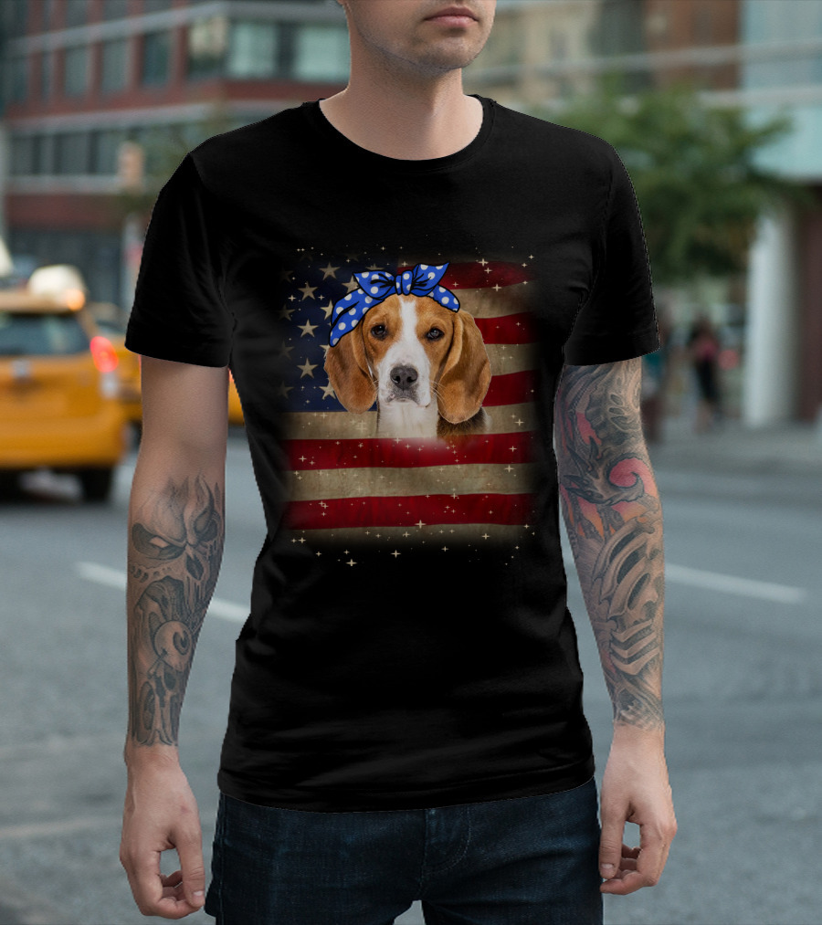 Beagle With Blue Polka Dot Bow On American Flag Background T-Shirt