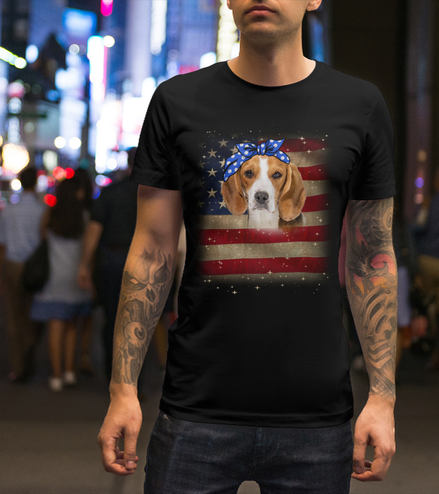 Beagle With Blue Polka Dot Bow On American Flag Background T-Shirt