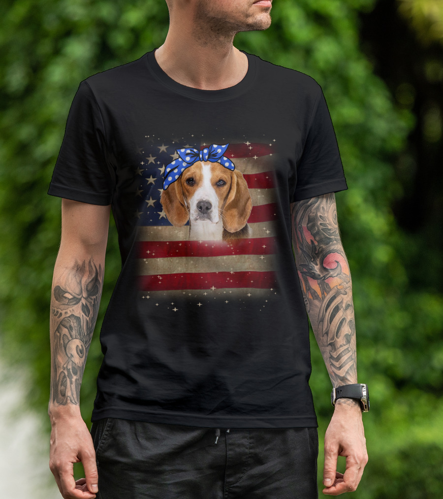 Beagle With Blue Polka Dot Bow On American Flag Background T-Shirt