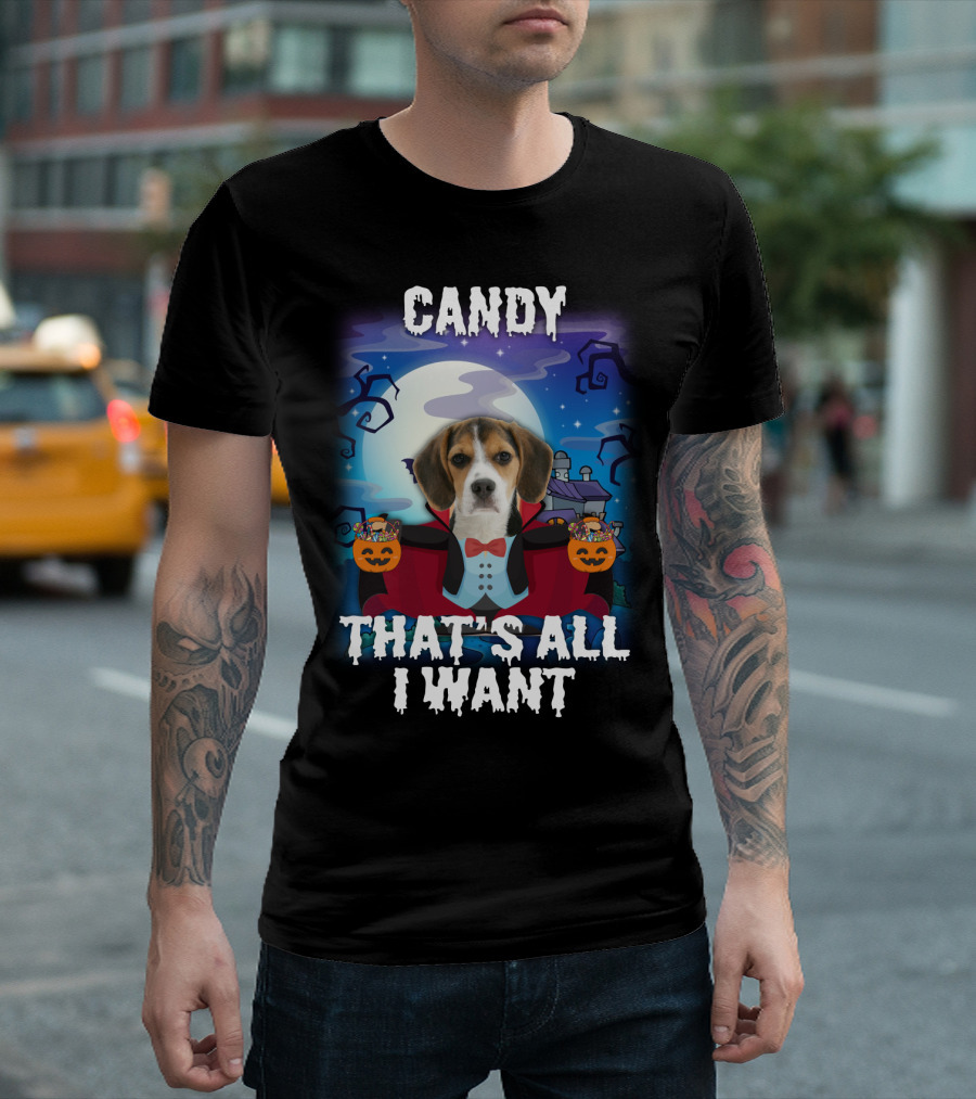 Candy Beagle Halloween Moonlit Mansion With Pumpkins T-Shirt