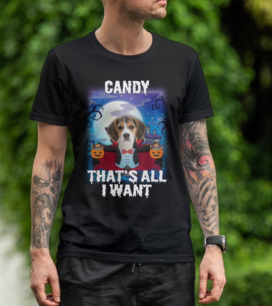 Candy Beagle Halloween Moonlit Mansion With Pumpkins T-Shirt